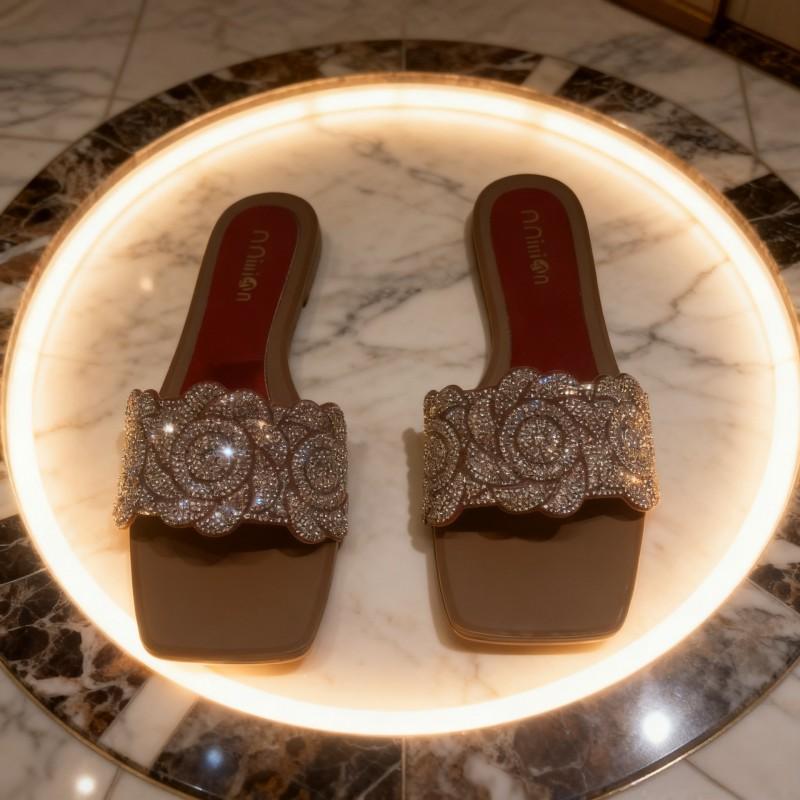 Womens Flat Slide Sandals With Rhinestone Embellishment Floral Design Comfortable PVC Sole Daily Wear