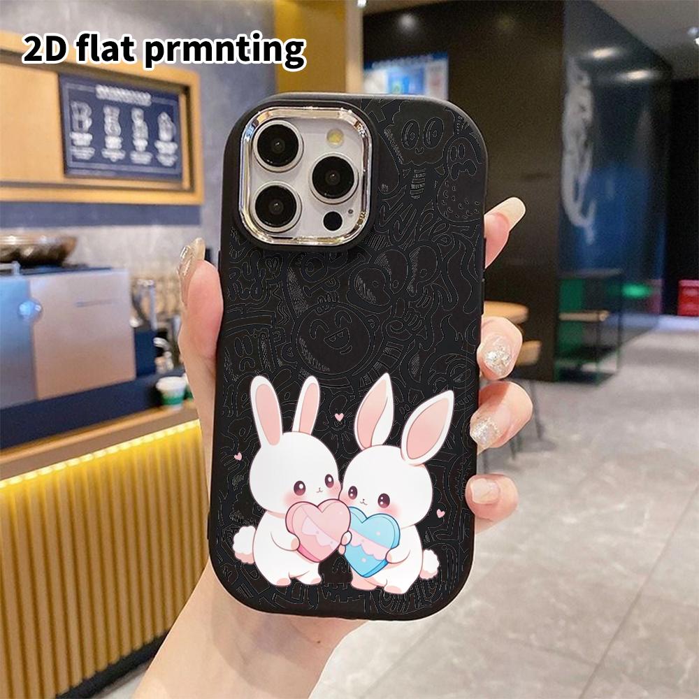 Phone case: 2D flat design suitable for iPhone 18 17 16 15 14 13 Pro protective case, couple style, love heart rabbit, Christmas and Halloween gift ..