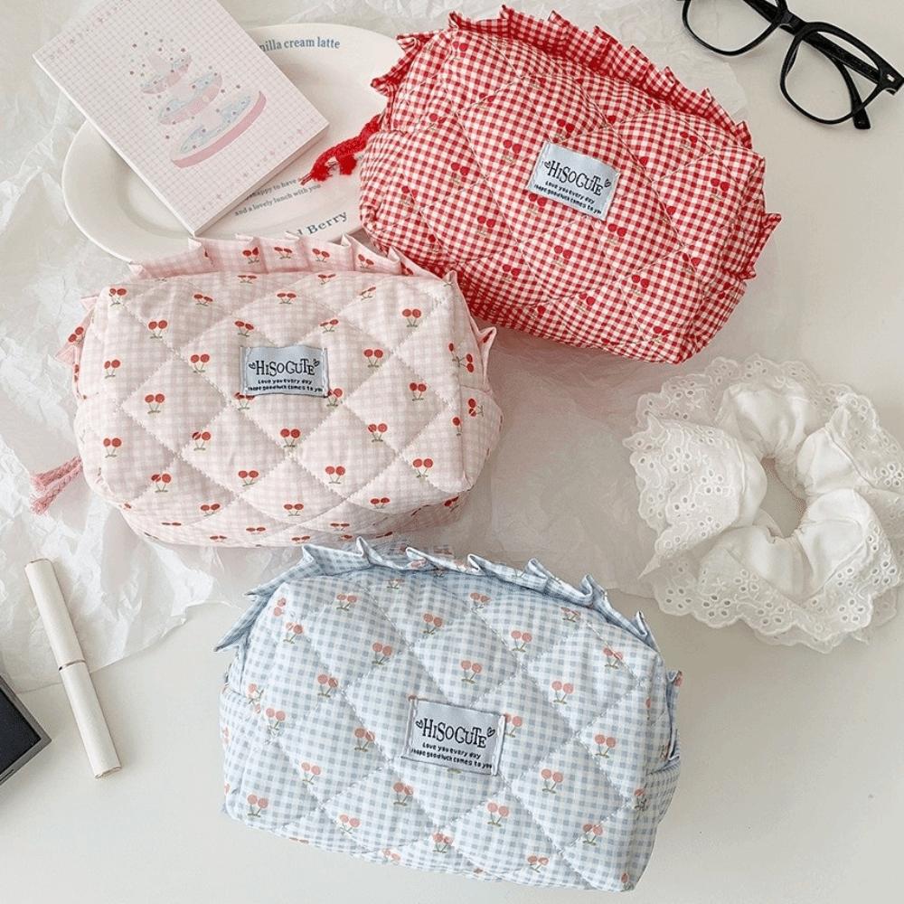 Single Layer Korean Cherry Pencil Case Cute Design Cloth Plaid Pen Bag Student