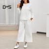 2 Pcs/Set Women Top Pants Suit Round Neck Long Sleeves Textured Solid Color Sweatshirt Drawstring Elastic Waist Wide Leg Trousers Daily Wear Sport