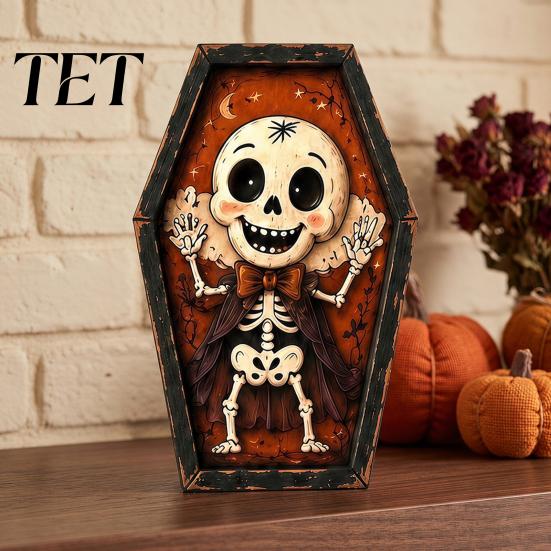 Pumpkin Desktop Signs Vintage Halloween Wooden Table Decoration, Rustic Black Cat Ghost Skeleton Distressed Wood Decorations Block Sign for Farmhouse