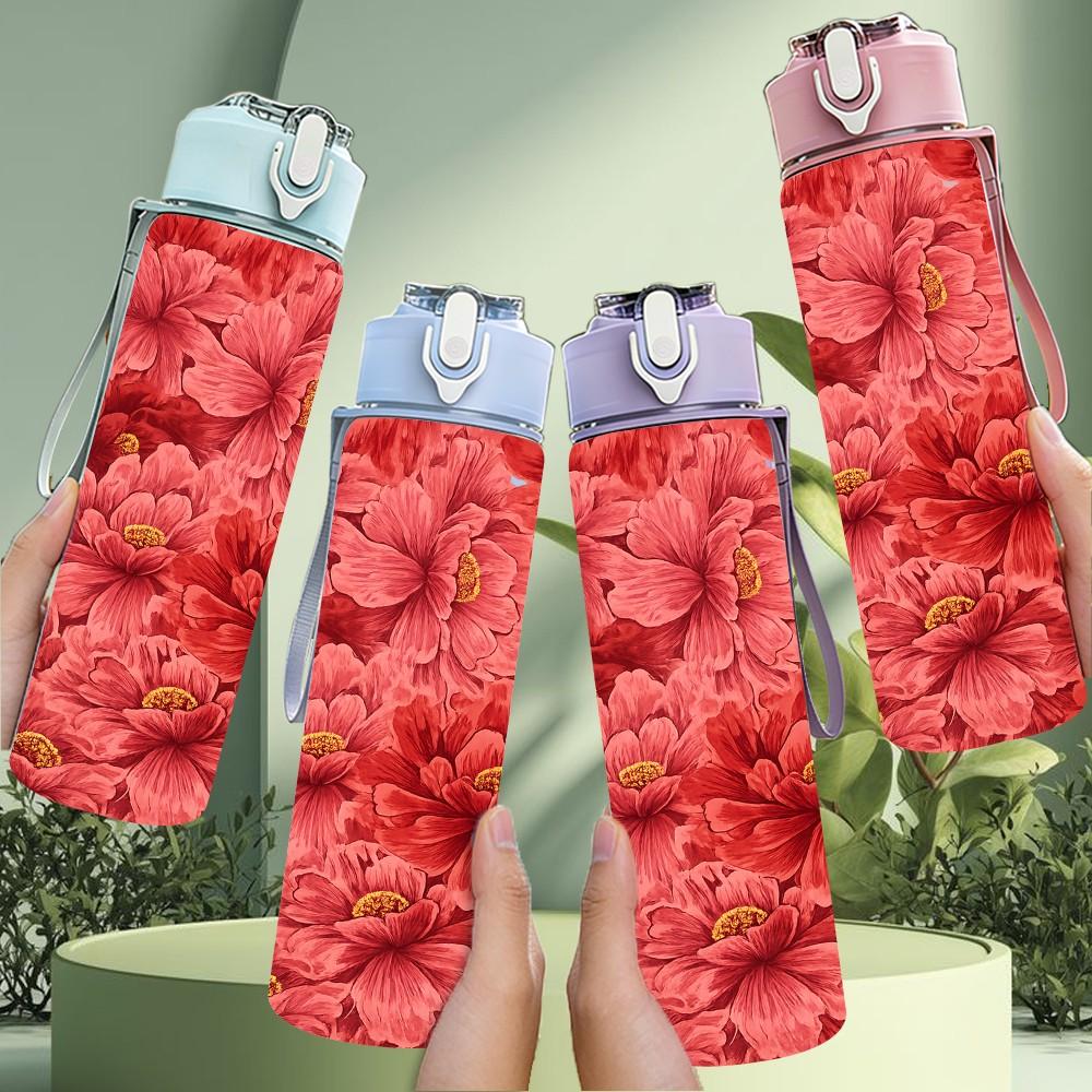 1PC Deep Red Peony Flower Bouquet Print 750ml Color Plastic Sports Water Bottle Leakproof Flip Straw Lid Suitable for Sports Office Home Use