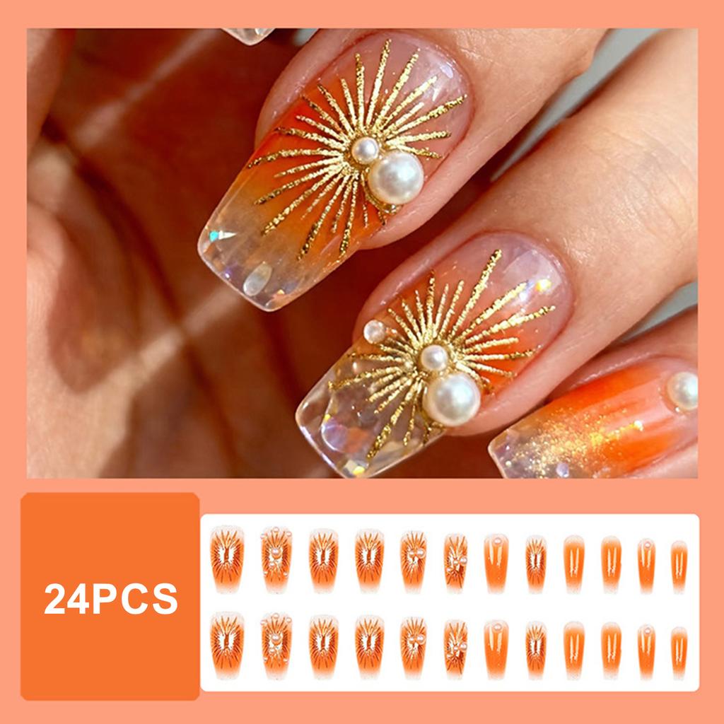 24 Pieces Orange Gold Fake Nails 3D Gold-Plated Pearl Luxury Design For Party And Festival