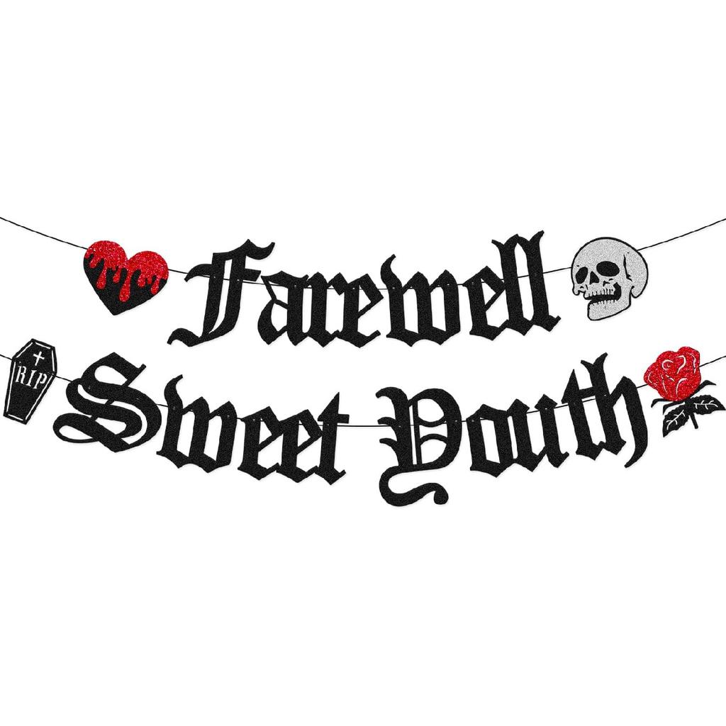 Farewell Sweet Youth Banner Funeral for My Youth Birthday Decorations Gothic Death Rip to my 20th 30th 40th bday Backdrop Bachelorette Retirment