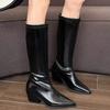 Кожаные массивные женские высокие сапоги с острым носком, ретро-ботинки на среднем каблуке до колена, модные классические туфли-лодочки 2025 года, ботфорты Chelsea Botas De Mujer