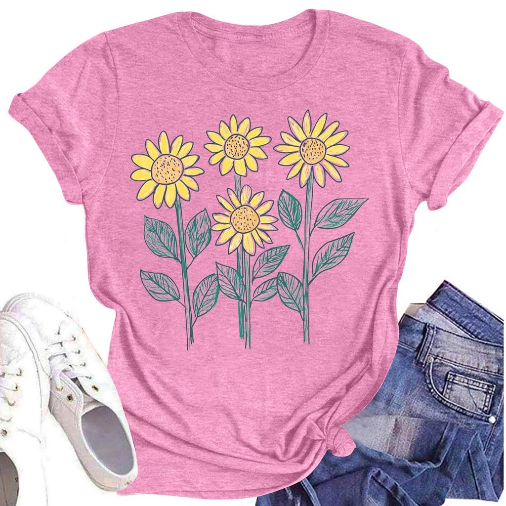 Женская повседневная футболка с круглым вырезом и цветочным принтом, короткий рукав