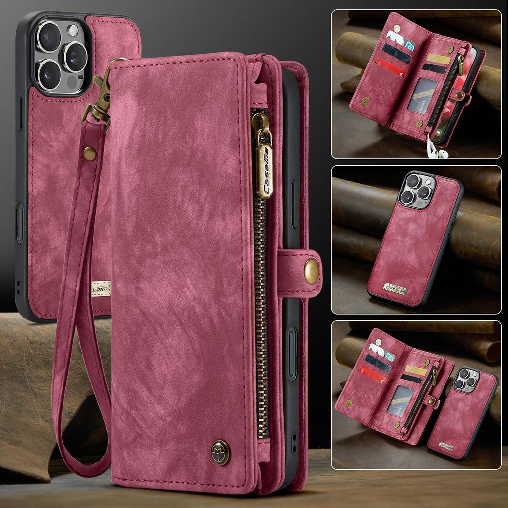 CaseMe-008 Для iPhone 16 Pro Max Съемный 2-в-1 Кошелек-чехол с молнией и ремешком на запястье Многофункциональный Чехол для телефона с отделениями для карт
