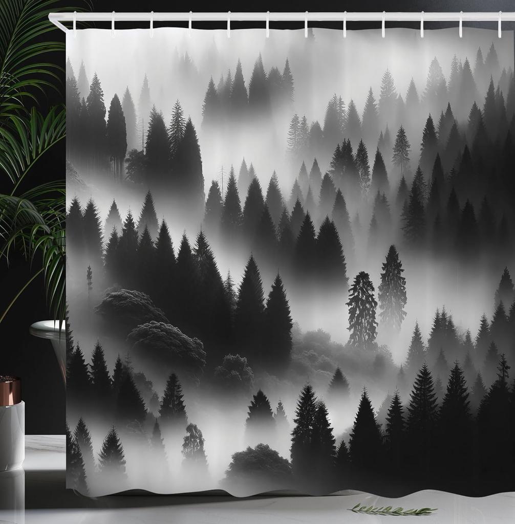 Черно-белая шторка для душа туманные высокие деревья лесной массив природный ландшафт ткань украшение для ванной шторка для душа с крючком