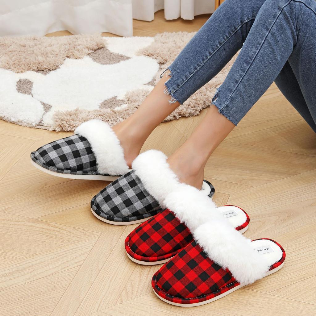 Autumn and Winter Couple Fluffy Slippers Warm Home Non-slip Thickened Plaid Cotton Slippers