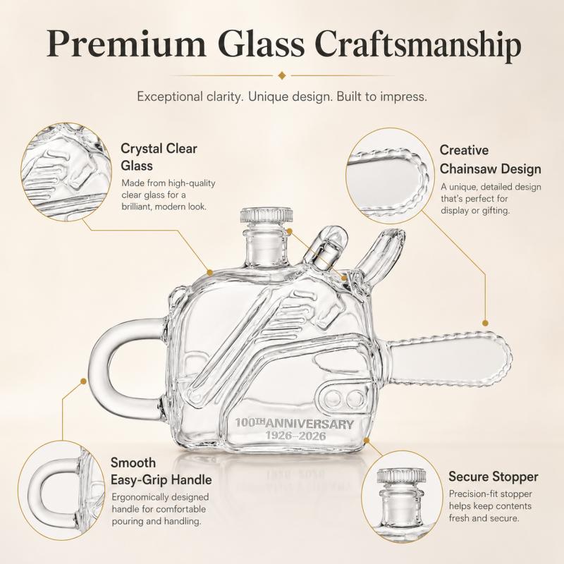 Creative Chainsaw Shaped Glass Whiskey Decanter 100th Anniversary Liquor Bottle for Home Bar Display Gift