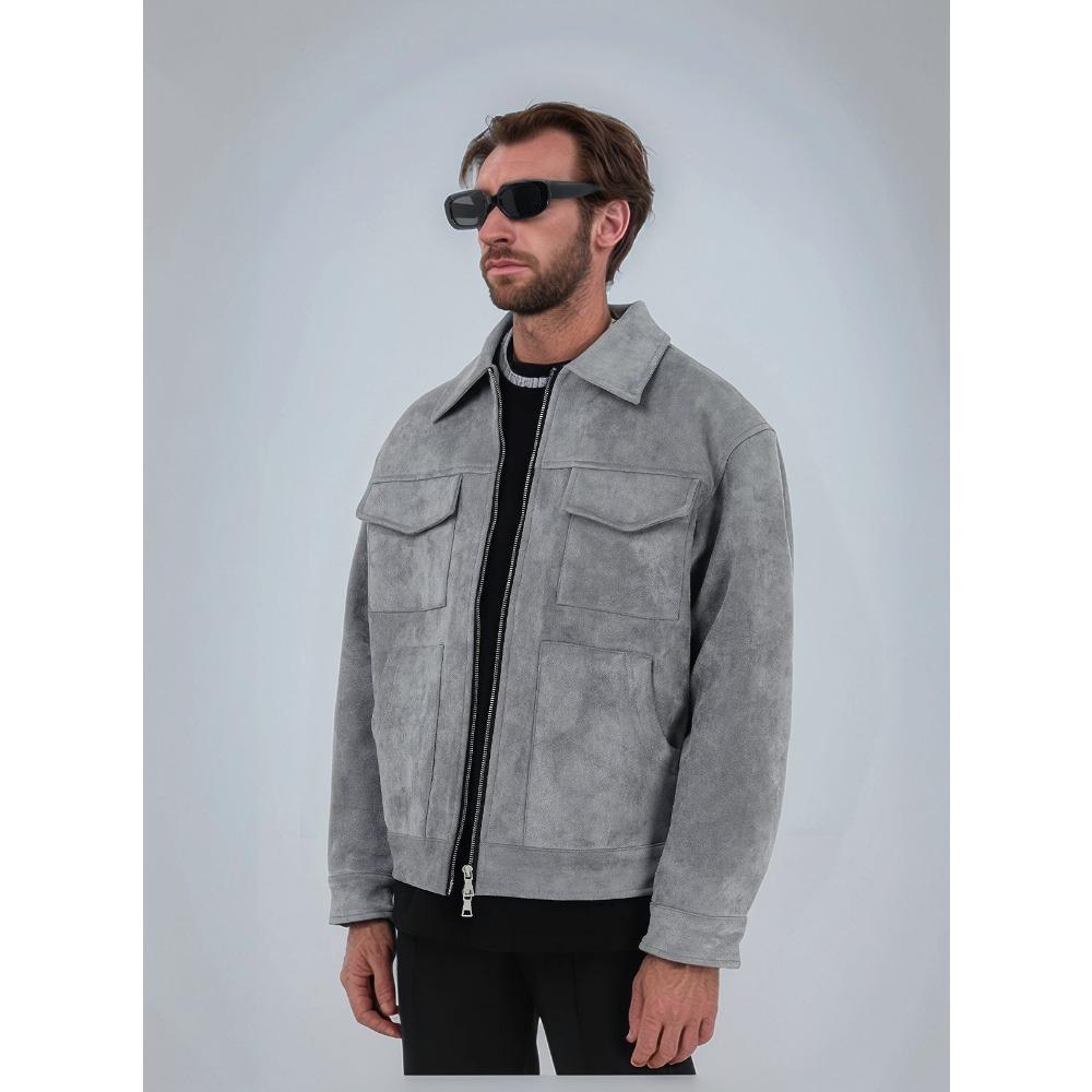 ZYLLO Осенние куртки Оверсайз Повседневная одежда Хай-стрит Карманы Лацкан Молния Замша Толстое пальто Мужская ветровка Свободного кроя