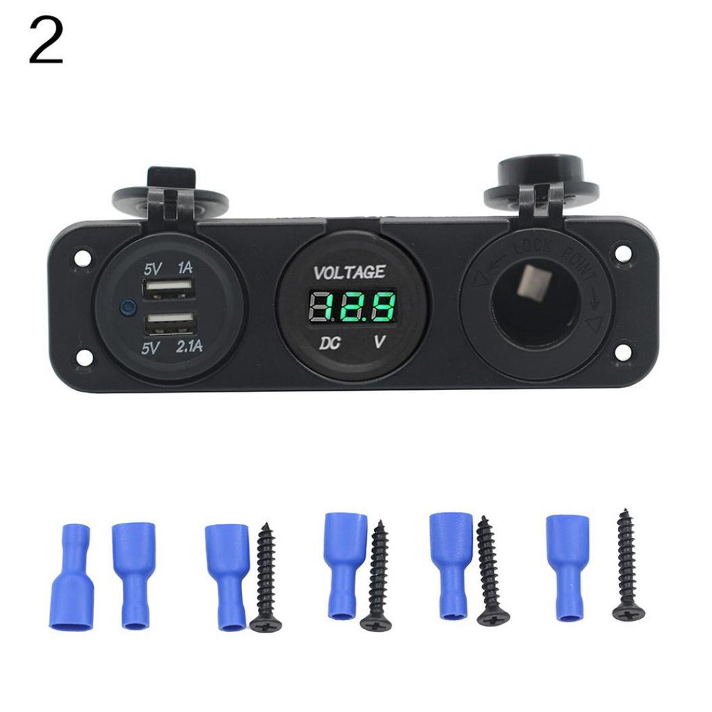 Car Boat Dual USB Charger + LED Voltmeter + Power Outlet Socket 3 Holes Panel