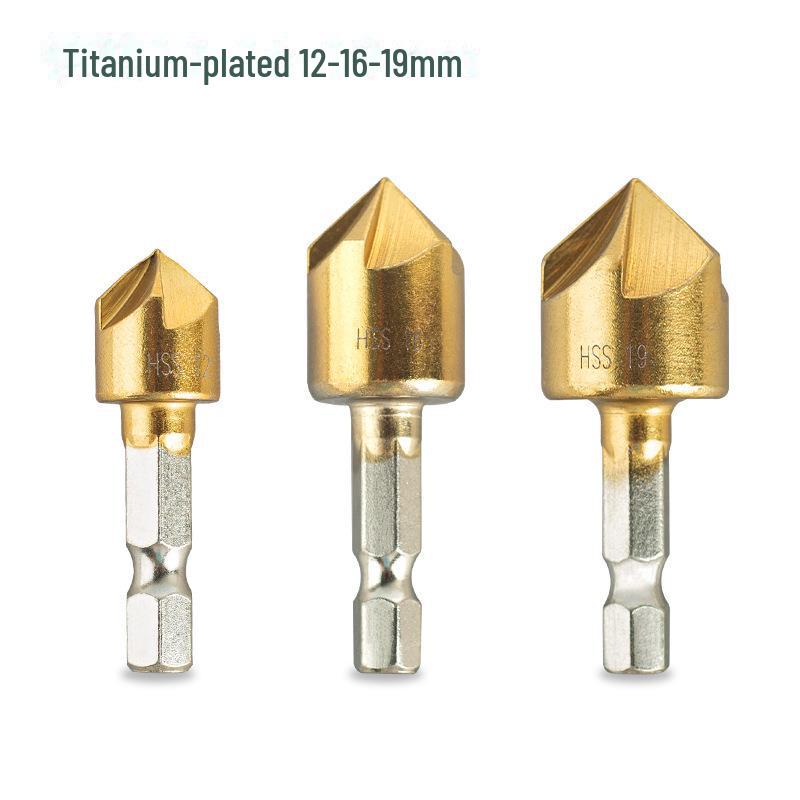 6-Piece Titanium-Plated Hex Handle Chamfering Knife & 3-Piece Hole Reamer Set (12mm, 16mm, 19mm) for Woodworking Countersink