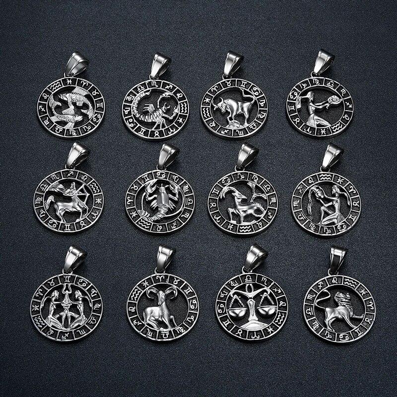 POMOiii Silver 12 Constellation Zodiac Pendant Necklace Punk Vintage High Quality Rope Chain Zodiac Men