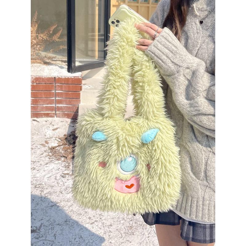 Cute Little Monster Cartoon Plush Purse Large Capacity Female Student Oneshoulder Bag Tote Bag Autumn and Winter