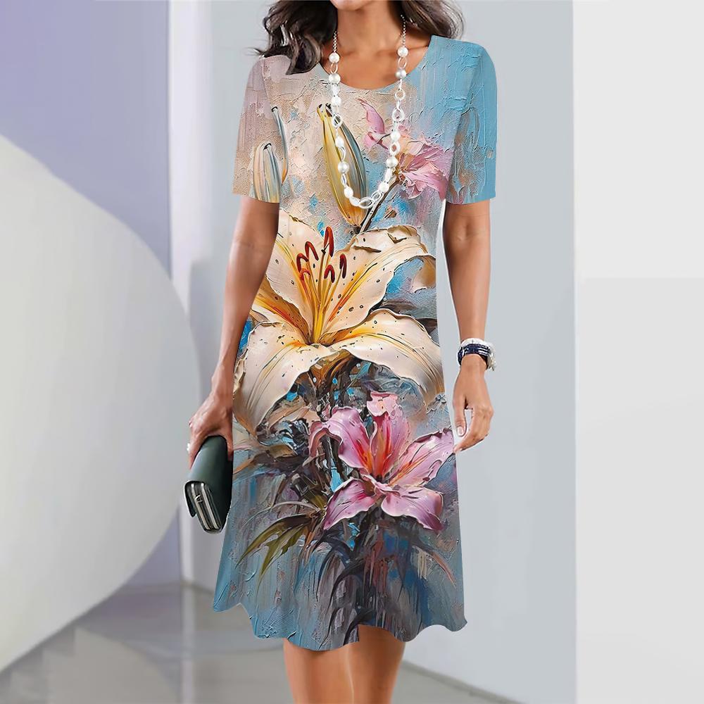 Весенние женские платья с цветочным принтом Элегантные повседневные платья с коротким рукавом Модные женские платья больших размеров
