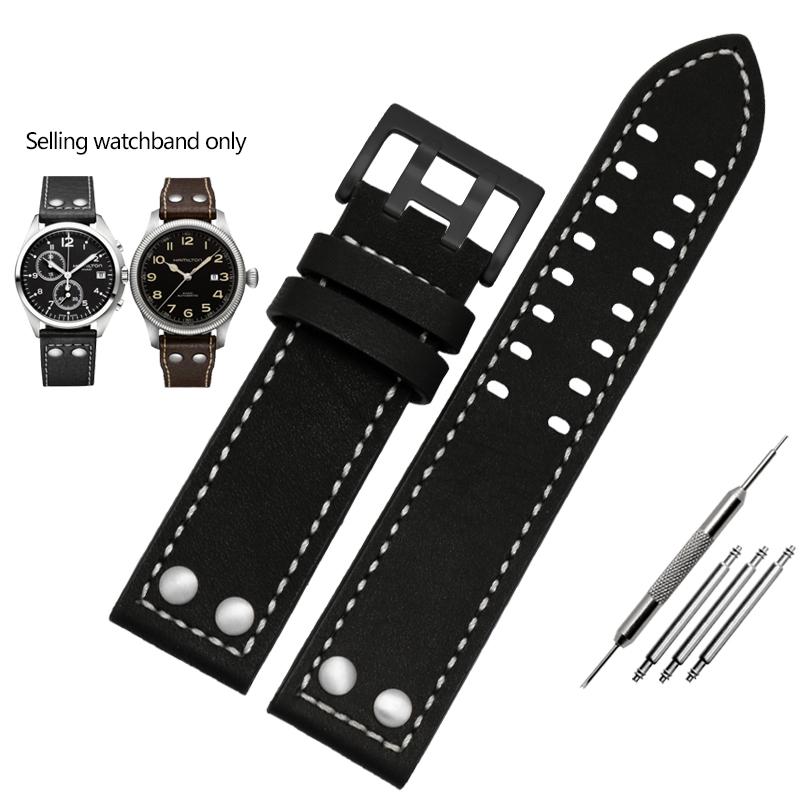 ОДИННатуральная кожаный ремешок для часов Hamilton Khaki Aviation Field Series Мужской ремешок Браслет с заклепками Коричневый 20мм 22ммMN