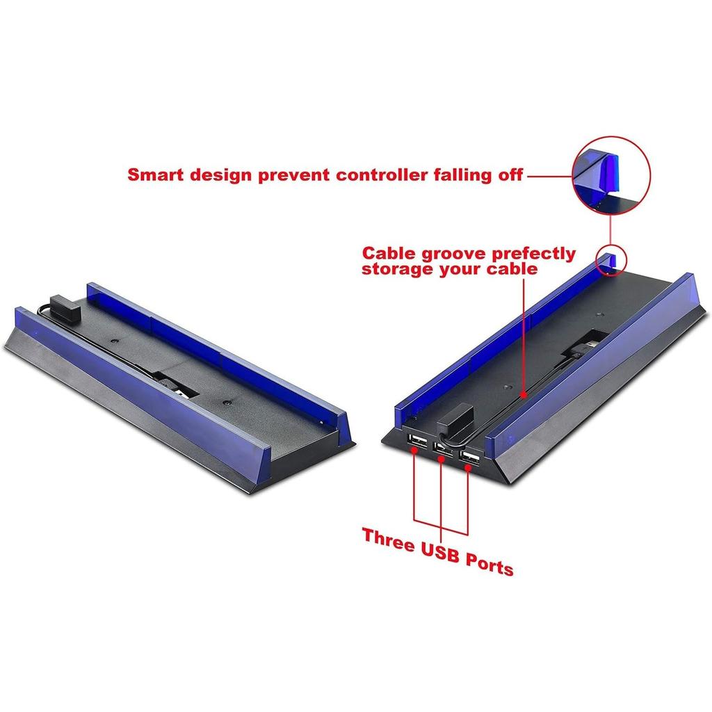 Stand with HUB & Blue Light for PS4, Blue Led Light Vertical Stand Base with 3 USB HUB Port for Sony Playstation4 PS4 Console