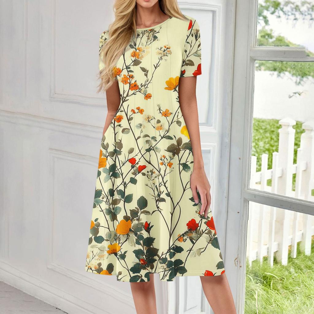 Women's Fashionable Print Round Neck Loose Short Sleeved Pocket Pullover Dress