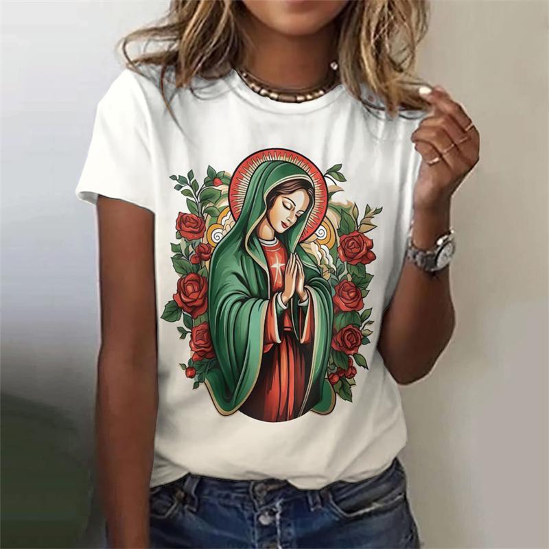 Virgin Mary Pattern T-Shirt For Women Sacred Christianity 3D Print T Shirts Summer Fashion Street Tees Short Sleeves O-Neck Tops