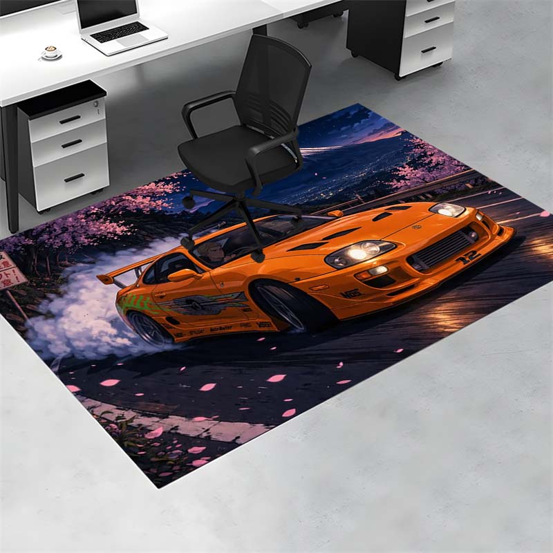 Anime Orange Sport Car Cherry Blossom Drift Print Area Rug Racing Non‑Slip Rectangular Floor Mat Game Room Living Bedroom Home Decor Rug