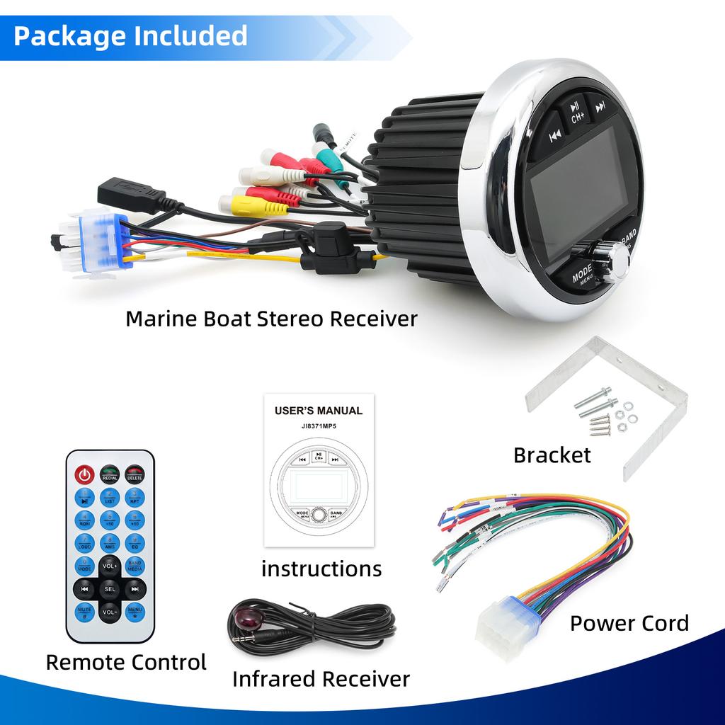 MP3 / MP5 Морское радио Стерео для лодки с поддержкой Bluetooth FM AM Медиа Аудиосистема Водонепроницаемые аксессуары для яхты, квадроцикла, UTV, внедорожника