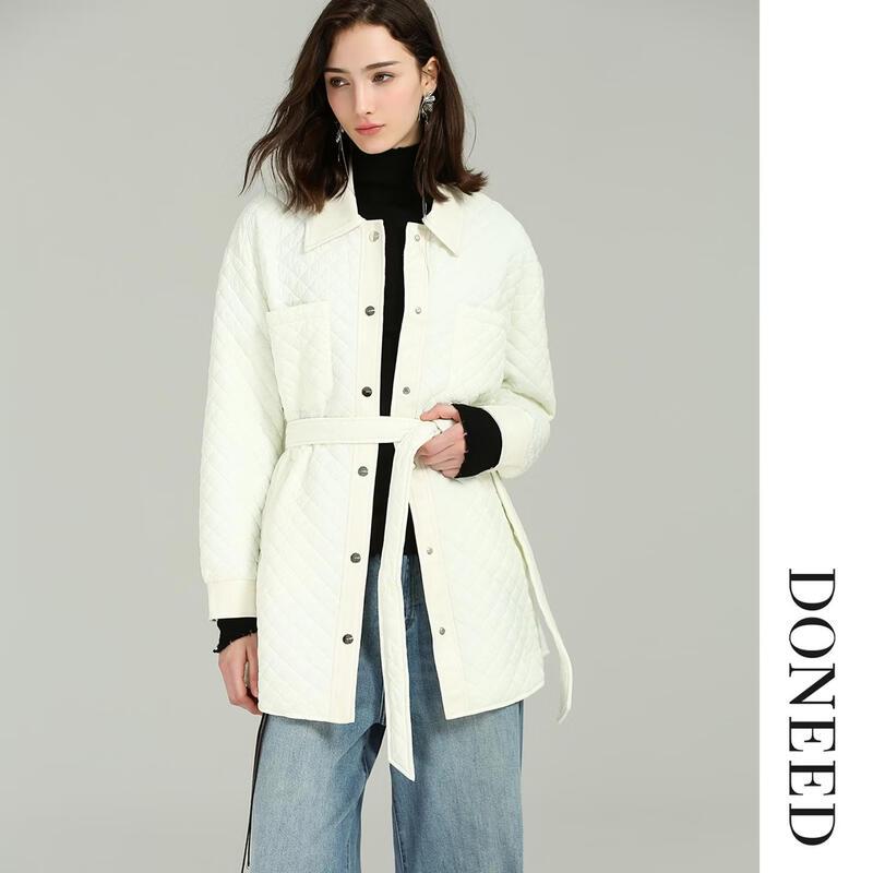 DONEED Autumn Quilted Shirt Jacket with Waist Belt