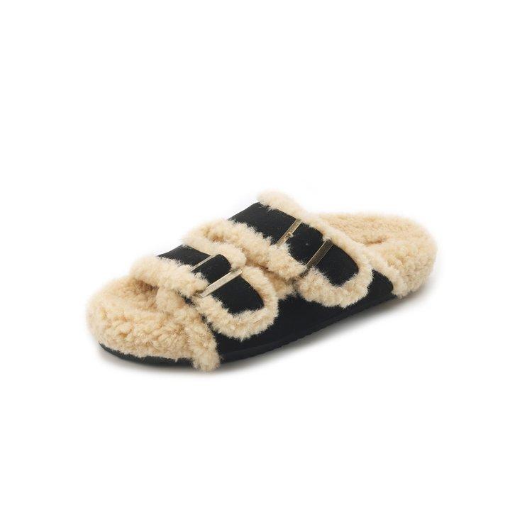 Шлепанцы с толстой подошвой и пряжкой, новинка осени и зимы, женские плюшевые шлепанцы на толстой подошве, бархатные теплые хлопковые туфли