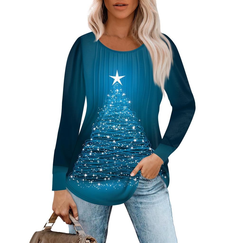 Рубашки с длинным рукавом для женщин, топы, нарядные повседневные блузки с рождественским принтом, плиссированные туники с круглым вырезом