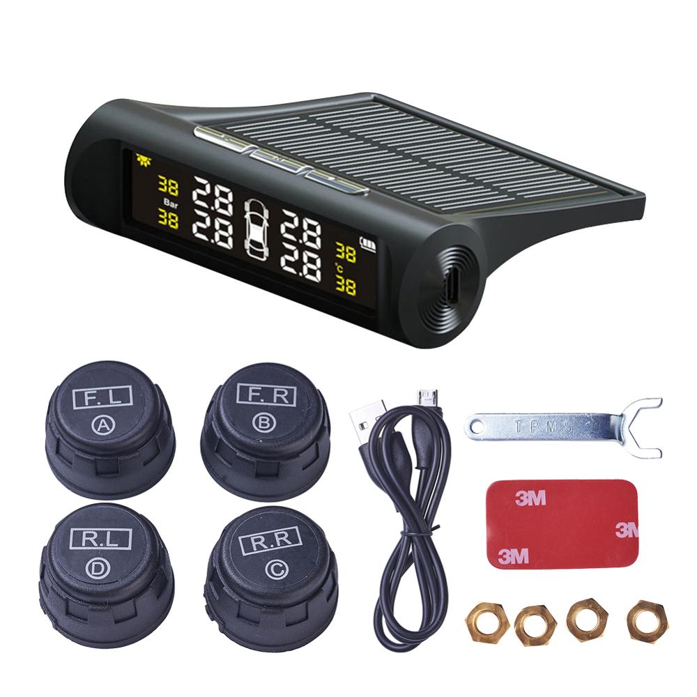 Автомобильная система контроля давления в шинах TPMS, система мониторинга внешнего манометра, сигнализация с 4 датчиками, работающая на солнечной энергии, цифровой ЖК-дисплей, охранные системы сигнализации