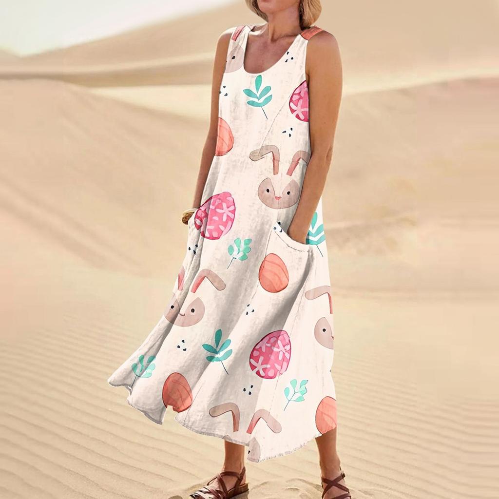 Women's Summer Casual Fashion Easter Printed Sleeveless Round Neck Pocket Dress