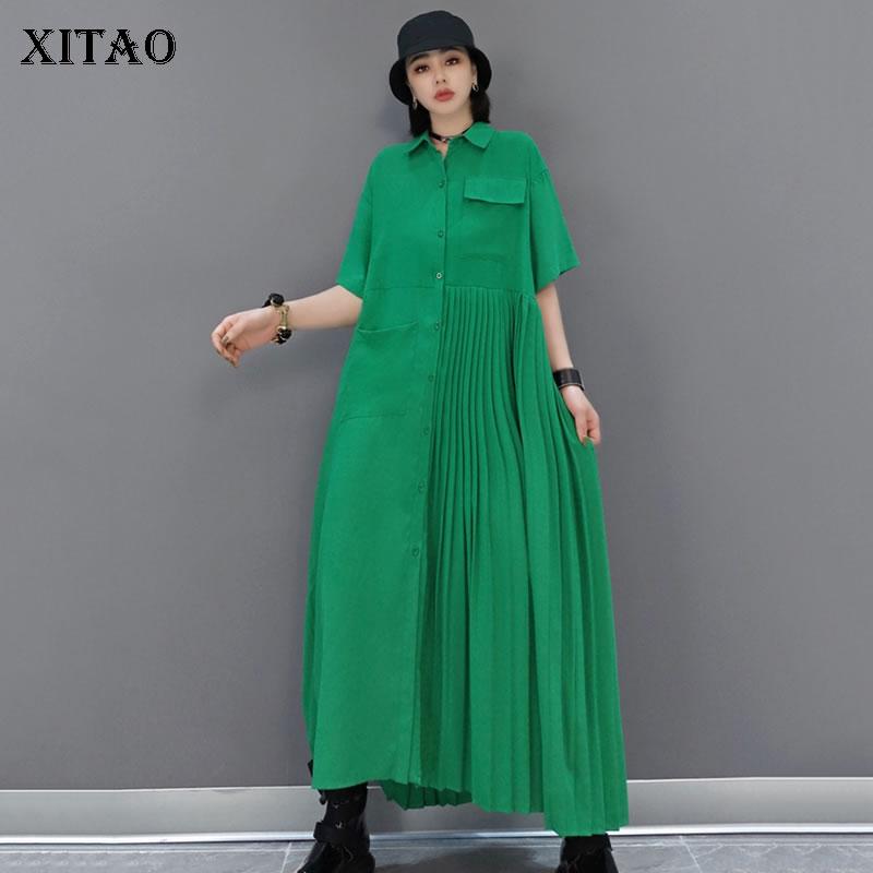 Xitao Плиссированное зеленое платье нерегулярной формы DMY4747