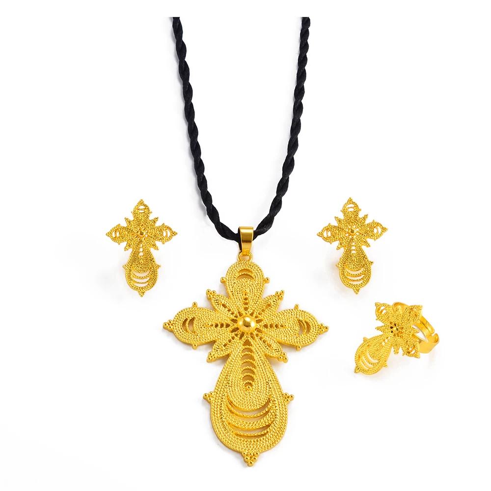 Anniyo Ethiopian Jewelry sets Cross Pendant Necklaces Earrings Rings African Eritrean Habesha Wedding Accessories #139016