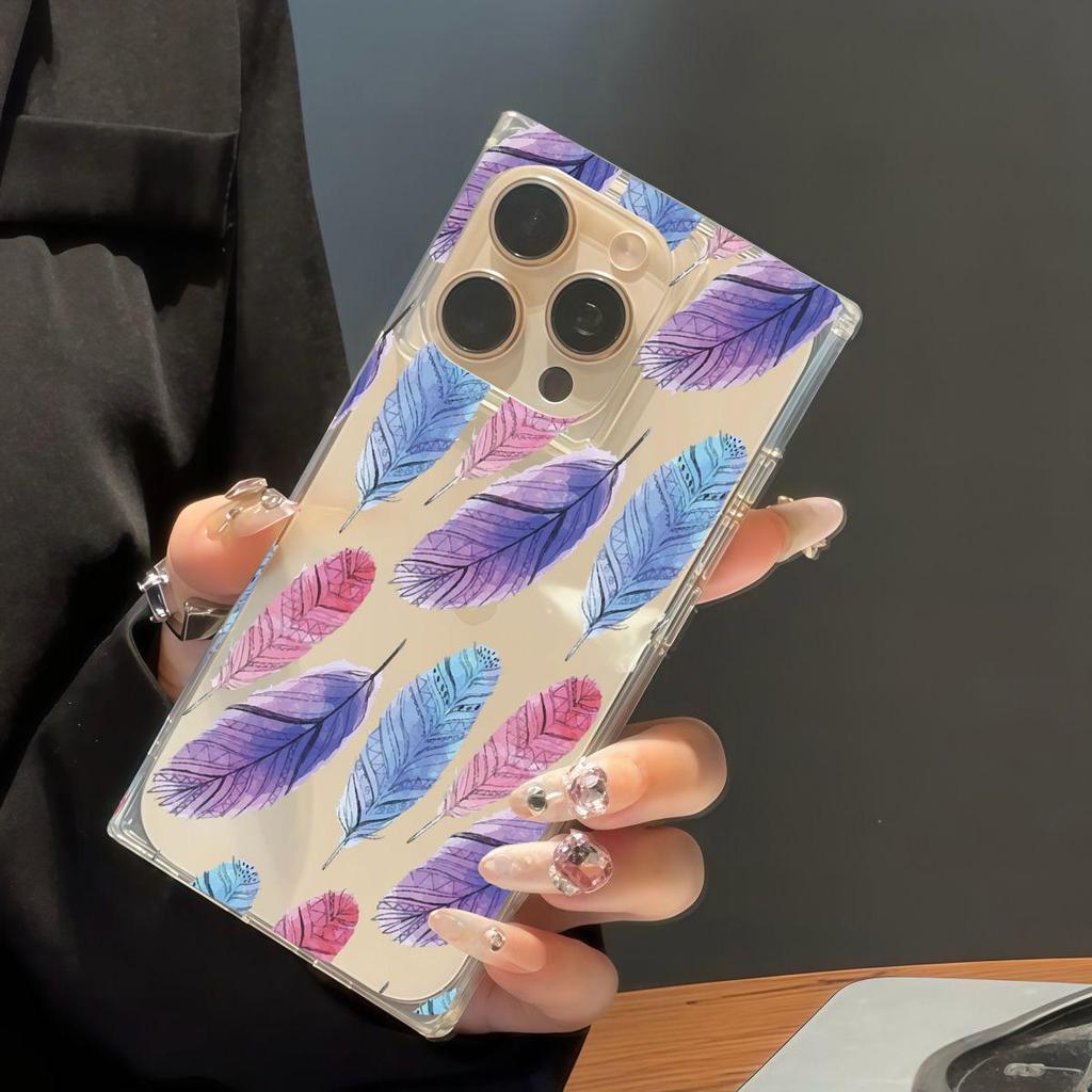 Square Back Tube Protection Clear Case For iPhone 11 14 Pro Max 16 ProMax 15 Plus 12 13 Anti-Oxygen,Full Screen Feathers Pattern Casing