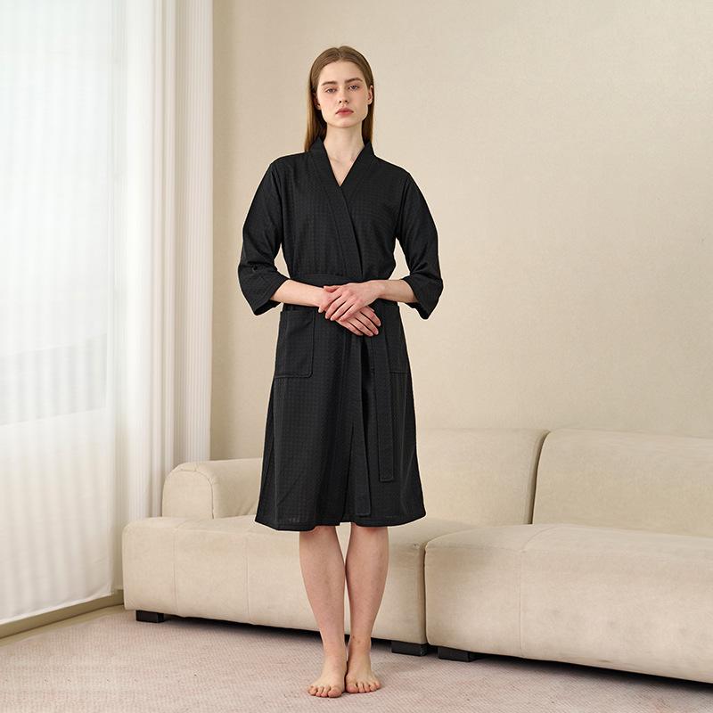 Spring-Summer Waffle Bathrobe: Unisex, Lightweight, 3/4 Sleeves, Korean Style, Absorbent
