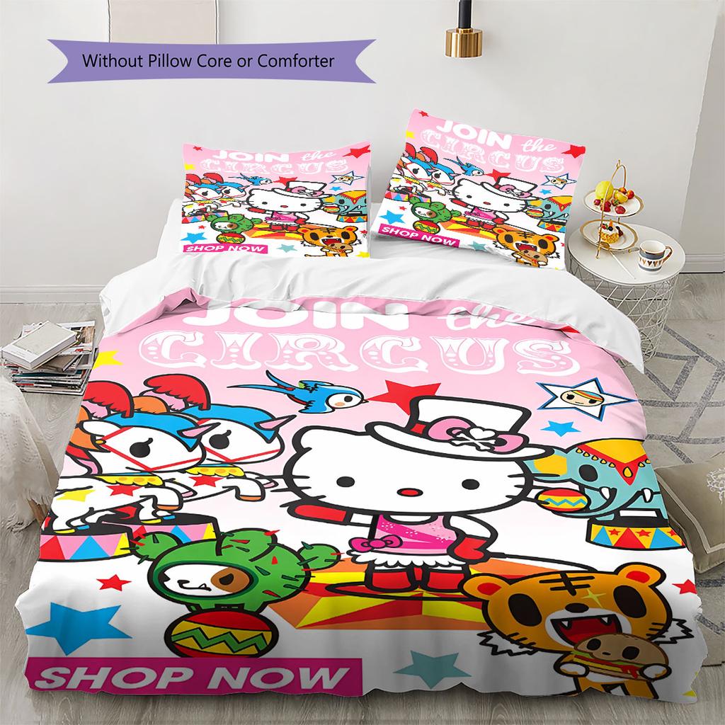 Hello Kitty, Kuromi and Their Friends Printed Pattern Bedroom Three-Piece Duvet Cover Bedding Set(Without Core)