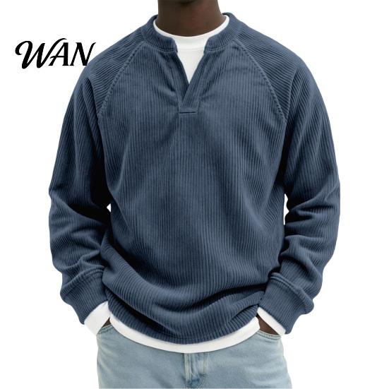 Soft Textured Buttonless Tops Men Corduroy Layered Tops, V Neck Raglan Long Sleeve Pullover Loose Fit Basic Fake Two Pieces for Daily Wear Breathable