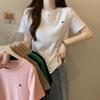 Design-sensory Short-sleeved T-shirt for Women's New Korean Style Love Embroidery Versatile Solid Color Round Neck Top
