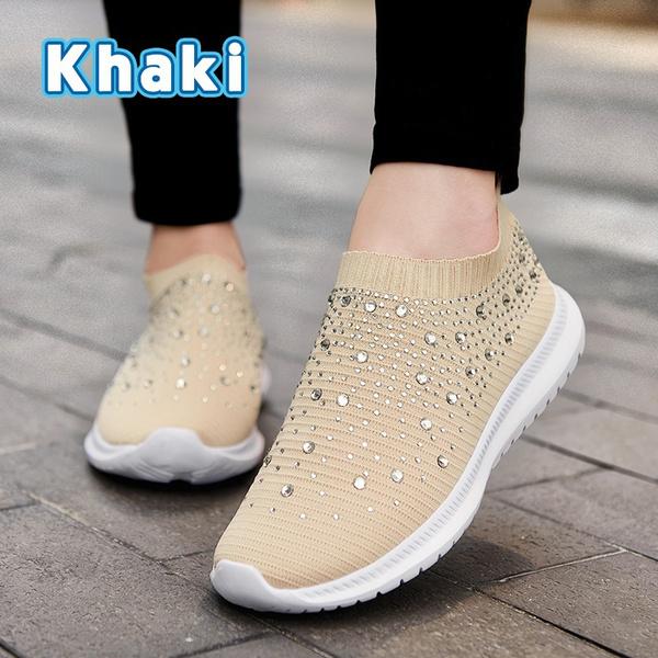 Fashionable Women's Lightweight Breathable Mesh Elastic Casual Shoes Striped Rainbow Rhinestone Shoes