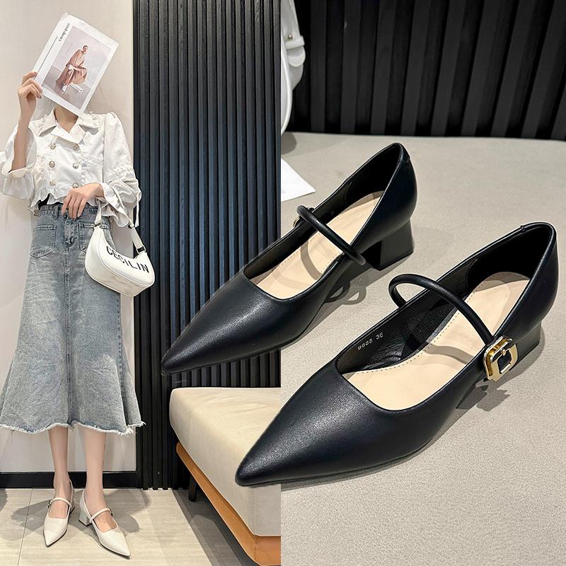 High Heels Shoes Women Pointed Toe Soft Leather Lady Fashion Flats Round Buckle Flat Sole Platform Shoes