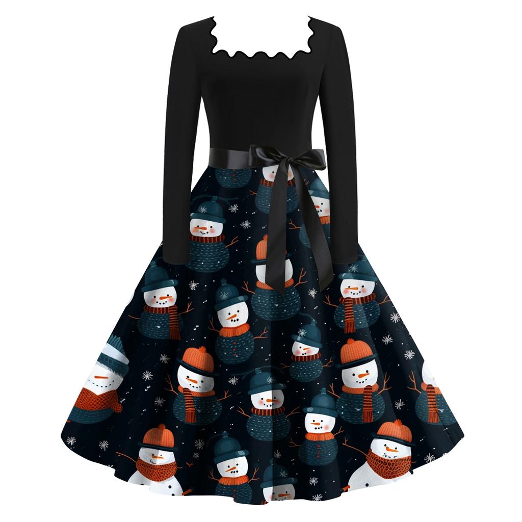 Женские повседневные модные платья с длинными рукавами и рождественским принтом с квадратным вырезом в винтажном стиле