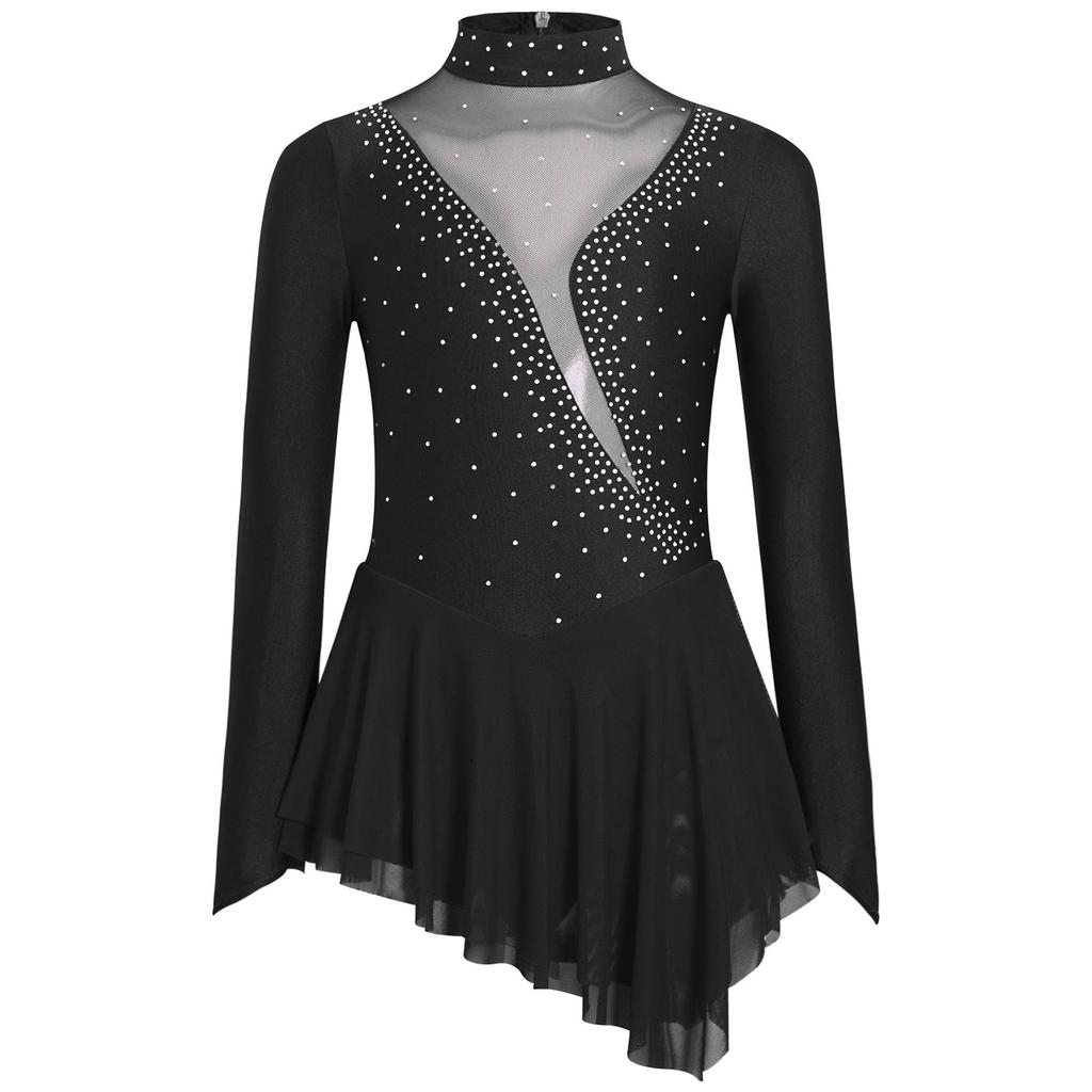 Girls Figure Skating Dress Sheer Mesh Patchwork Glittery Rhinestones Long Sleeve
