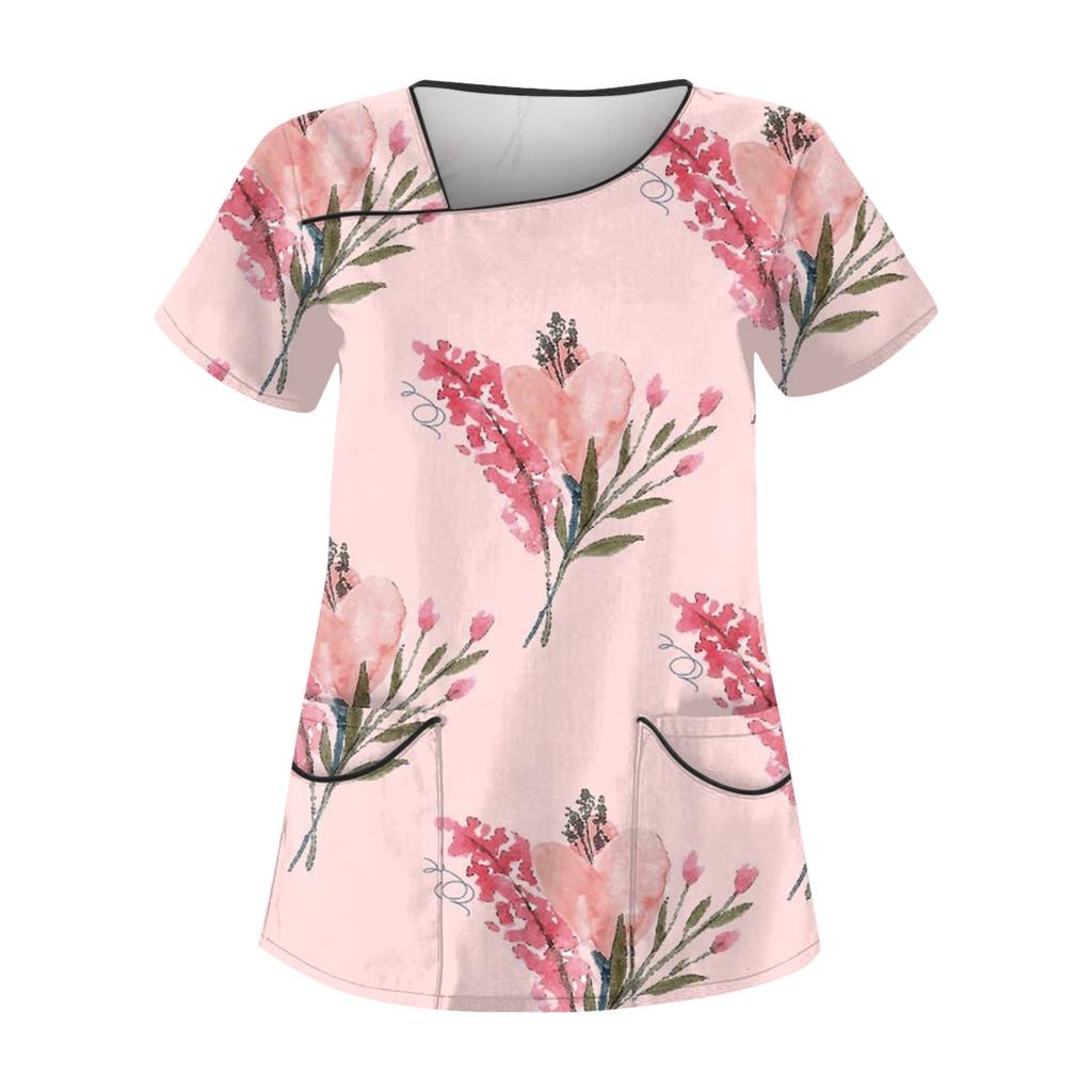 Женская повседневная рабочая одежда с короткими рукавами и принтом, топ с двойным карманом