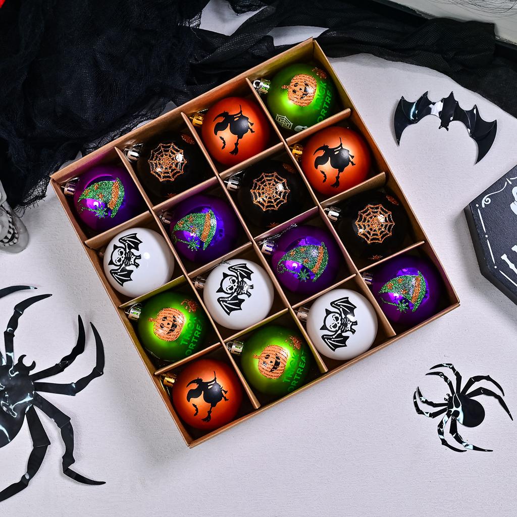 Halloween 6cm Plastic Painted Ghost Ball and Skull Pumpkin Hanging Ornaments Set for Tree Decoration and Festive Gifts