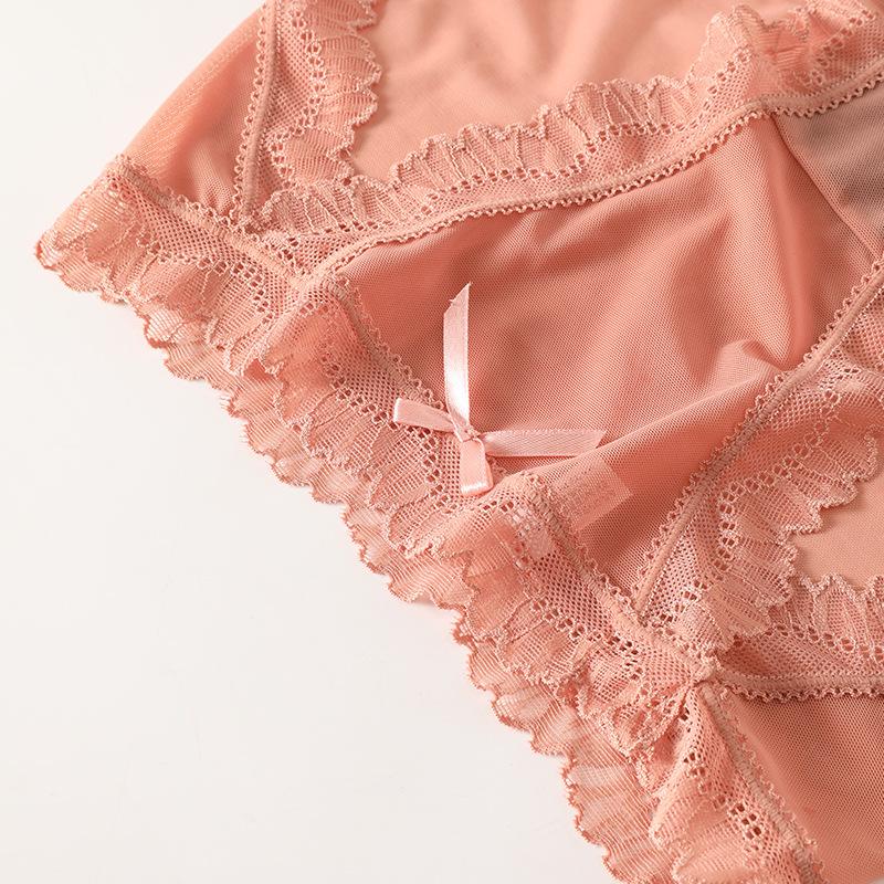 French Women Lace Panties Sexy Underwear with Low Waist Hip Lifting Mesh Transparent Hollow Out Comfortable Breathable Girl's Underwear