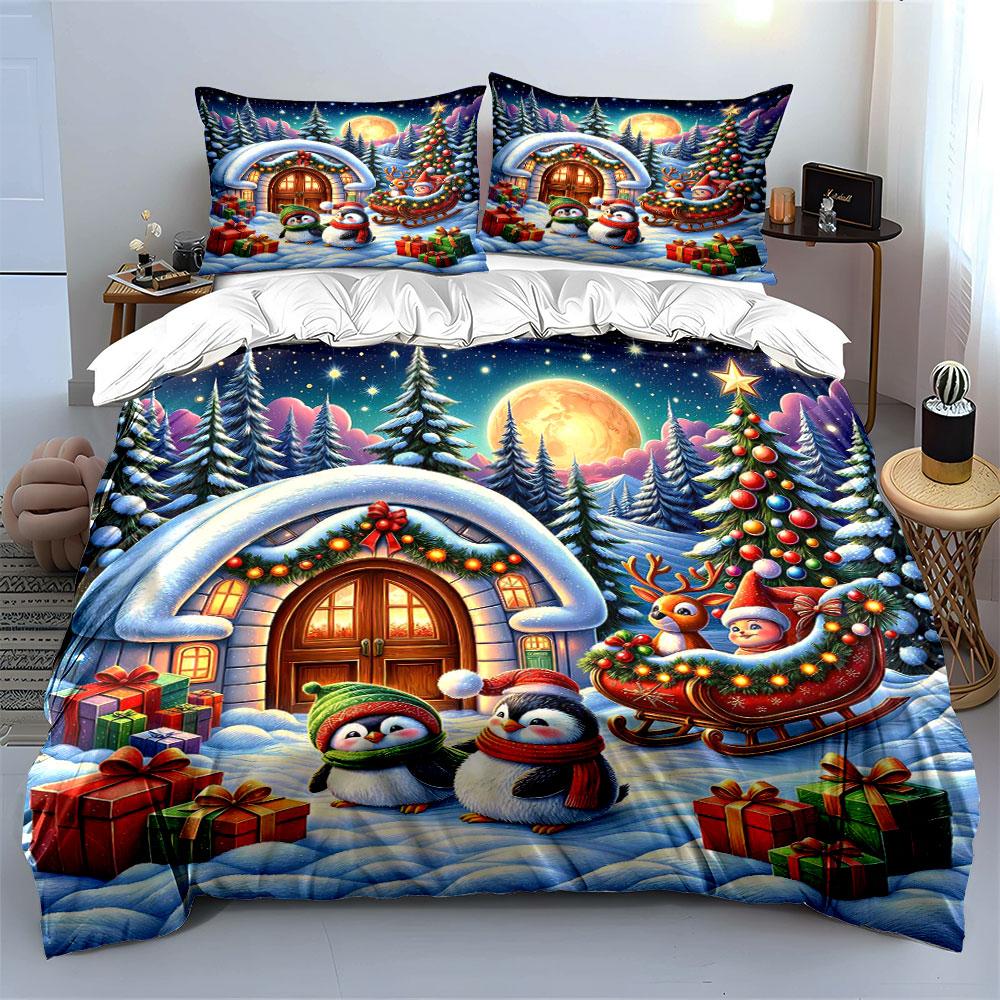 Christmas Penguins and Sleigh Bedding Duvet Cover Set Duvet Cover Pillowcases (1*Duvet Cover 2*Pillowcases, without duvet insert)