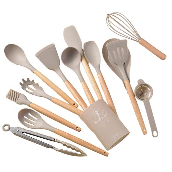 Silicone Kitchenware Set with Wooden Handles Heat Resistant Turner Tongs Spatula Spoon Brush Whisk Nonstick Cooking Tools