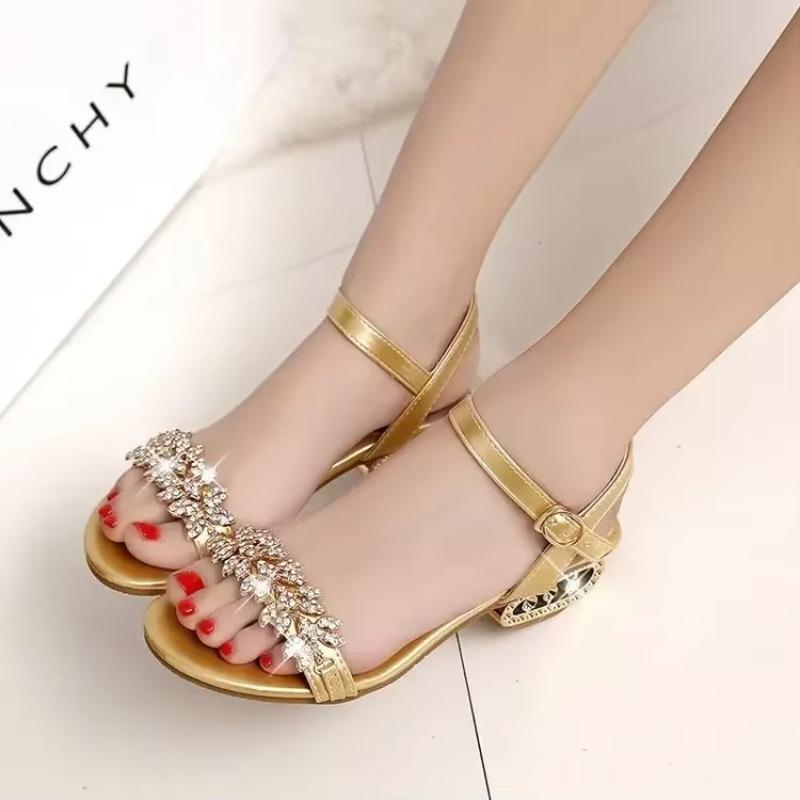 Sexy Summer Women's Sandals Open Toe Slip-on Sandals Women's Low-cut Non-slip Rhinestone High-heeled Sandals Shoe Size 34-41