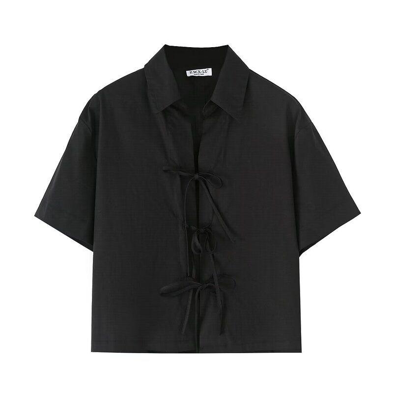 Fashion Style 2024 Autumn New Women's Cotton White Short Sleeve Lapel French Shirt 8181002