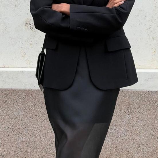 Women Maxi Skirt High Waist Mesh Yarn Cover Perspective Solid Color Skirt